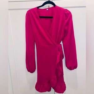 Bright pink long sleeve wrap dress